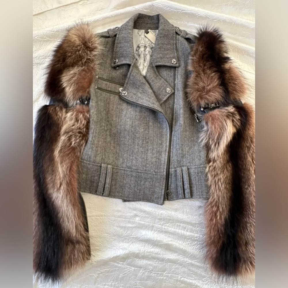 Thomas Wylde Herringbone Wool Removable Fox Fur Sleeve Short Jacket Sz s RARE